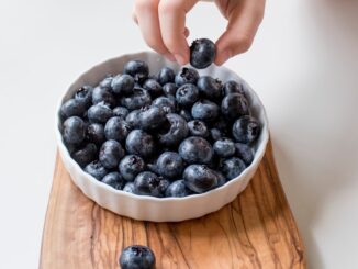 person holding bowl of black berries